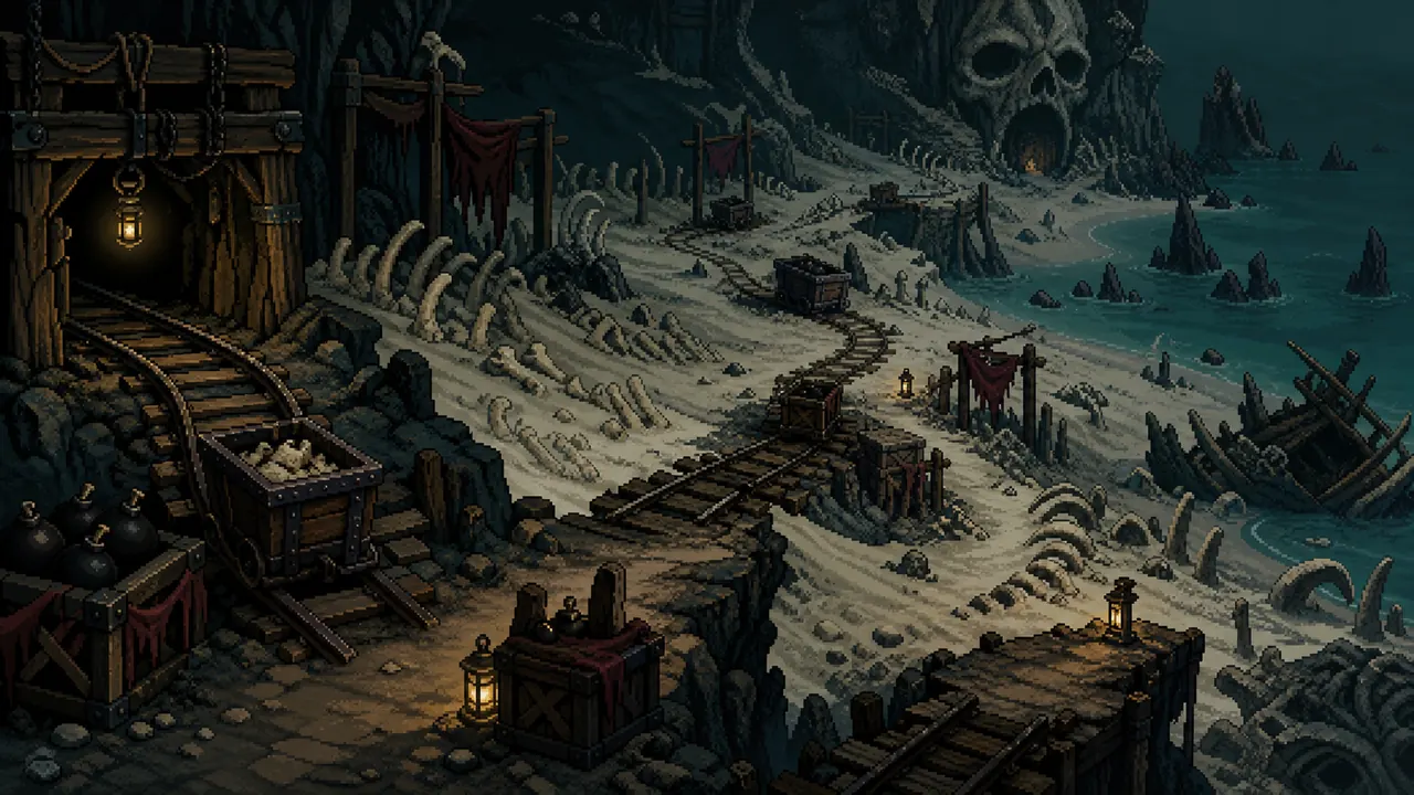 A gothic pixel-art inspired Bone Beach route with bones, sandfalls, and mine carts