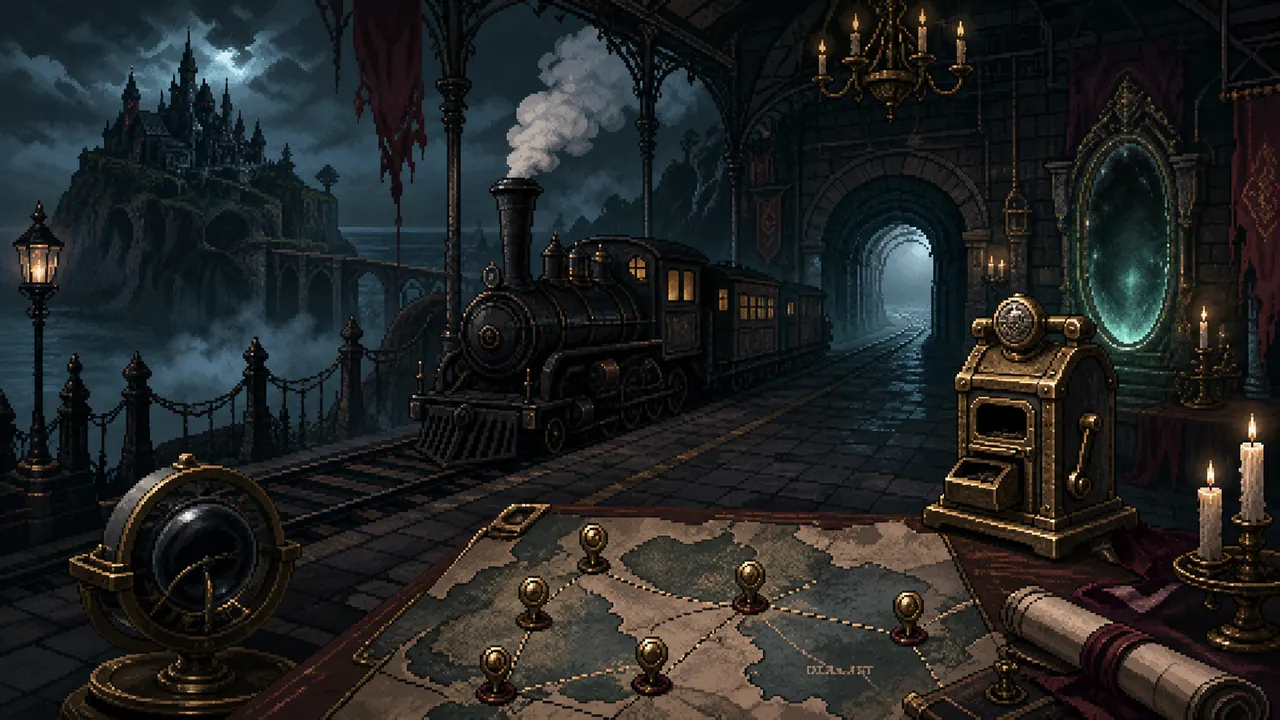 A gothic pixel-art inspired fast travel train station and mirror portal