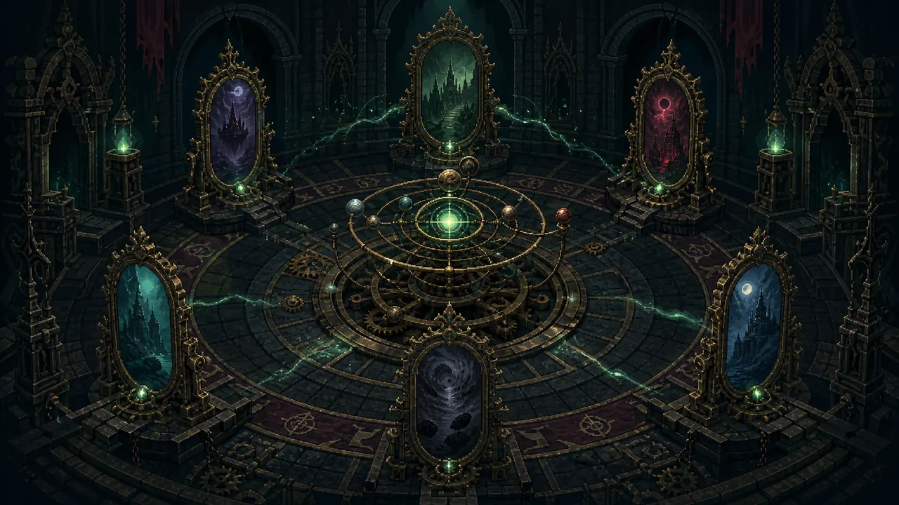 A gothic pixel-art inspired mirrors chamber with Astral Orrery portals