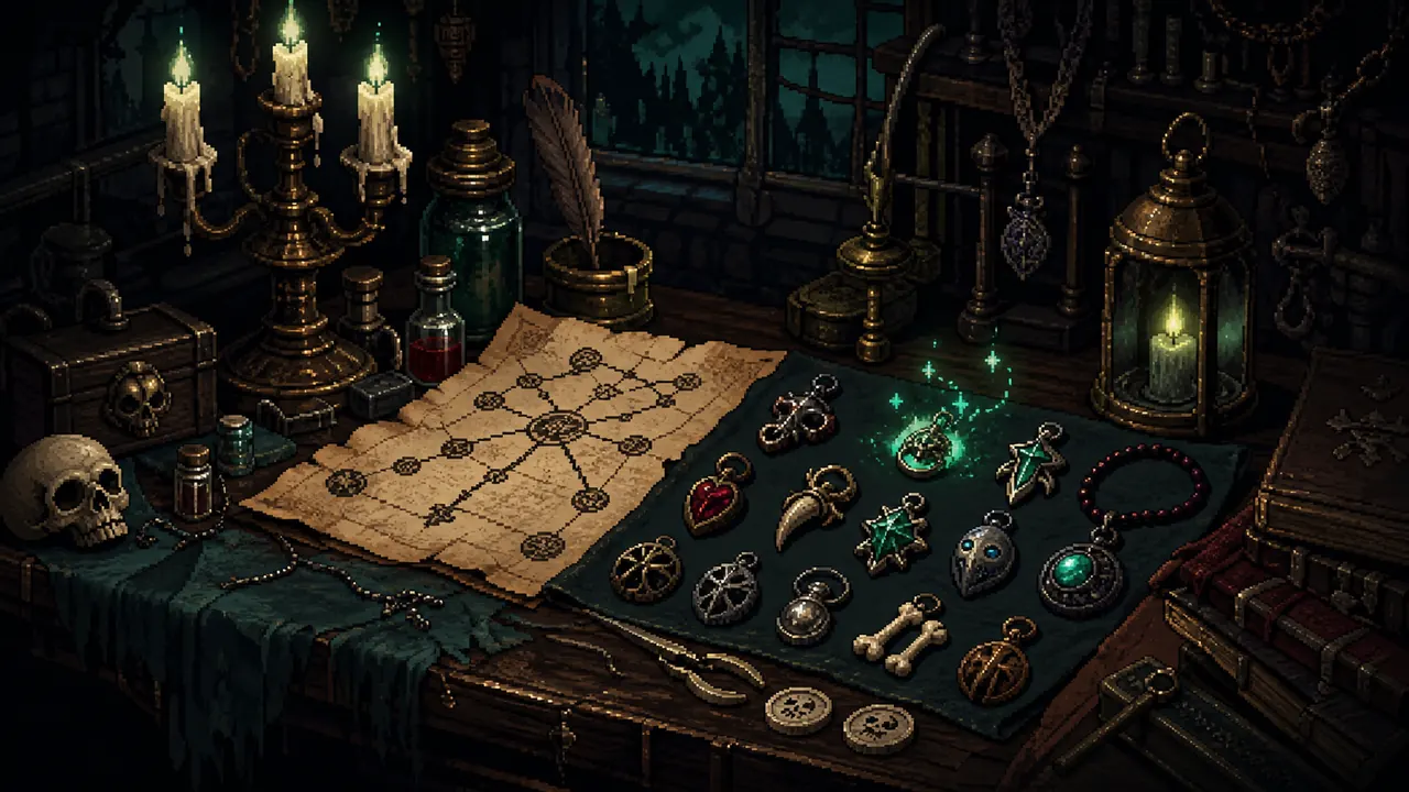 A gothic pixel-art inspired table of trinkets, route notes, and build charms