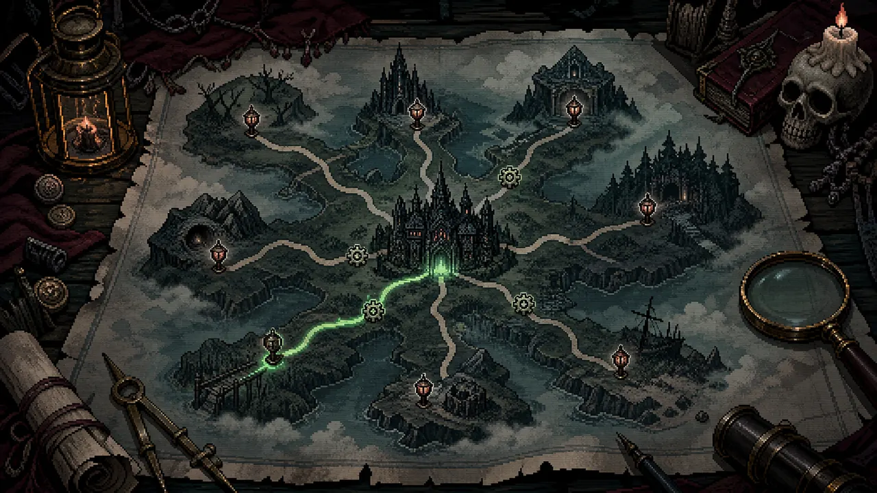 A gothic pixel-art inspired route map showing this route guide paths from Ossex